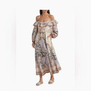 Zimmermann Wylie Midi Dress Pastel Floral Off-Shoulder Maxi Dress